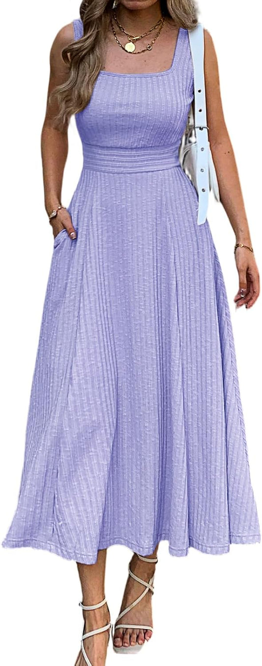Womens Summer Maxi Dress with Pocket Square Neck Sleeveless Knit A Line Long Flowy Dress Beach Vacation Boho Sundress